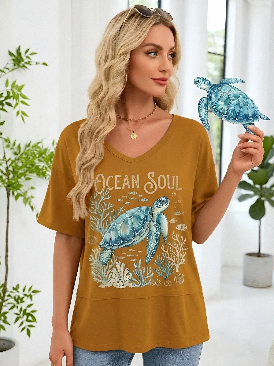 Women's Ocean Soul Sea Turtle Coral Reef Printed V-neck T-shirt