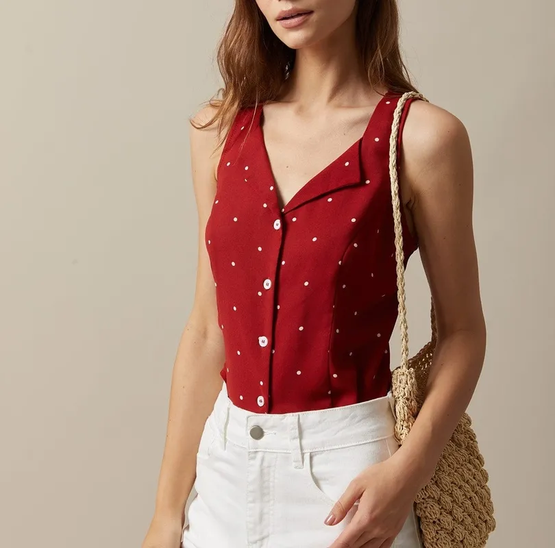 Red V Neck Polka Dot Print Sleeveless Vest
