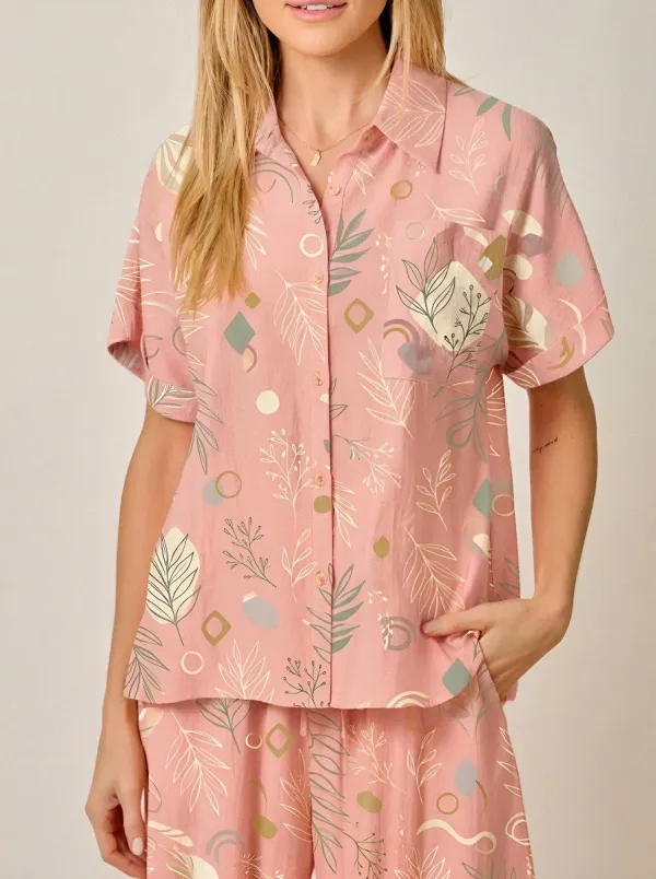 Women's Boho Botanical Abstract Printed Button-Down Shirt