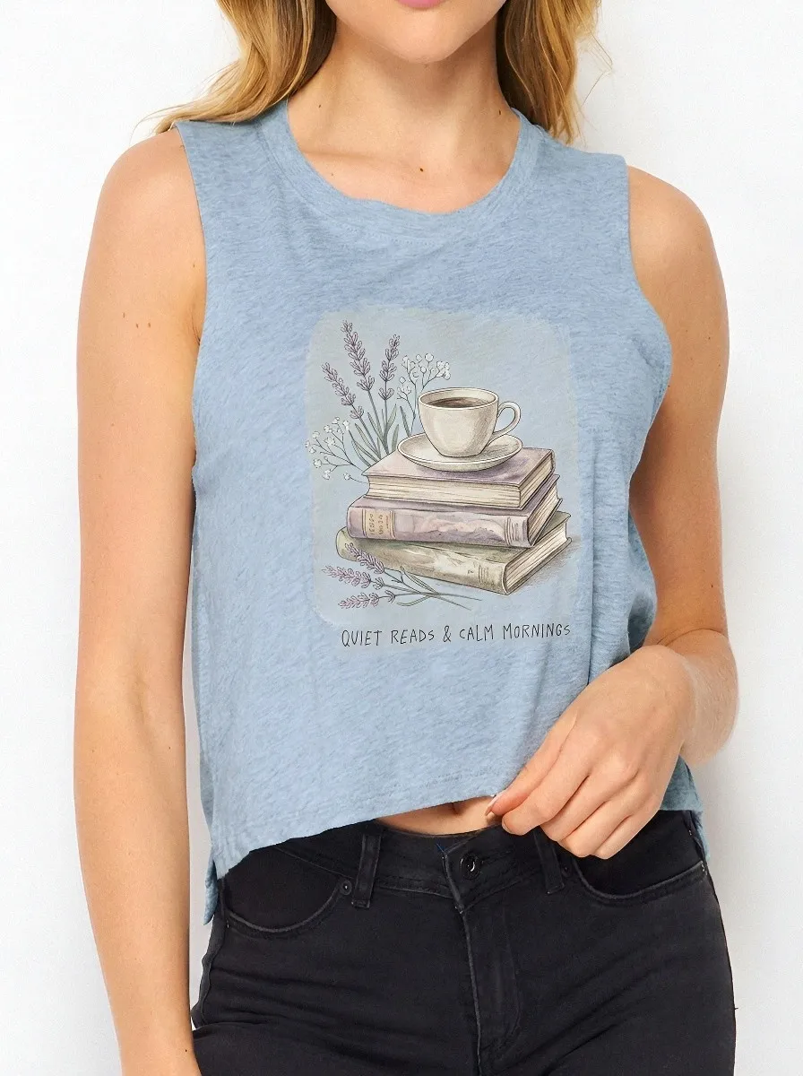 Women's Book Lover Coffee Lavender Printed Crop Tank Top