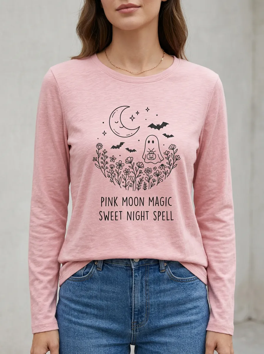 Ghost Moon Floral Halloween Cotton Linen Long Sleeve Top
