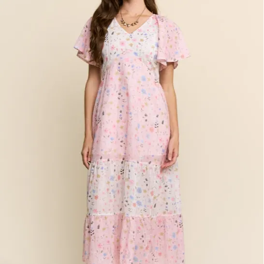 Floral Tiered Short Sleeve V-Neck Dress