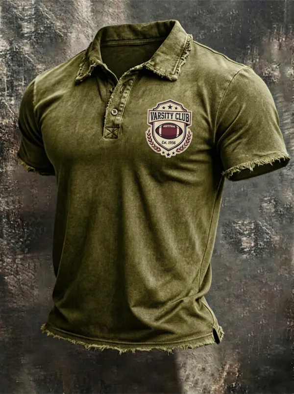 Varsity Club Football Sports Graphic Distressed Polo Shirt