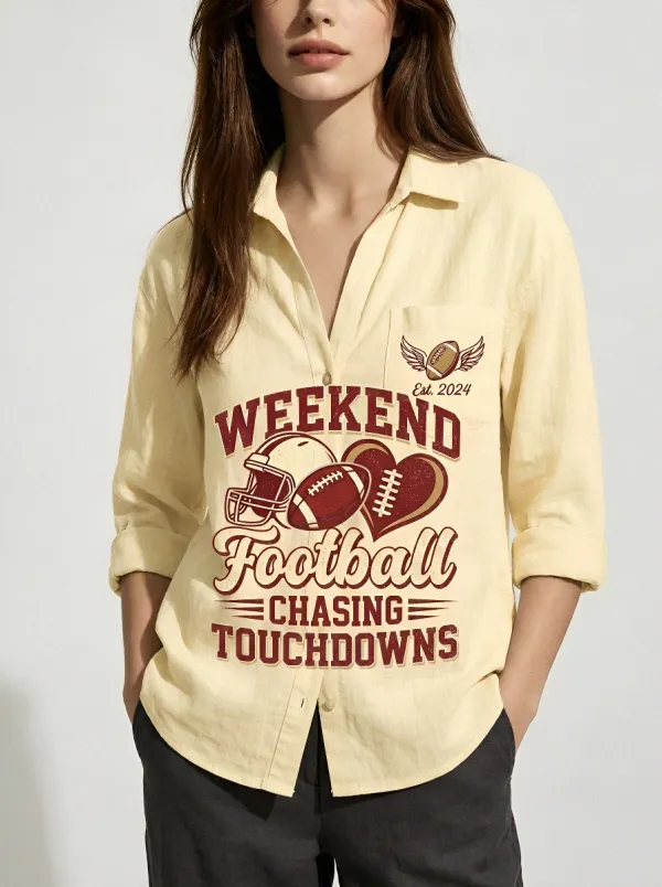 Women's Weekend Football Heart Helmet Printed Button-down Shirt