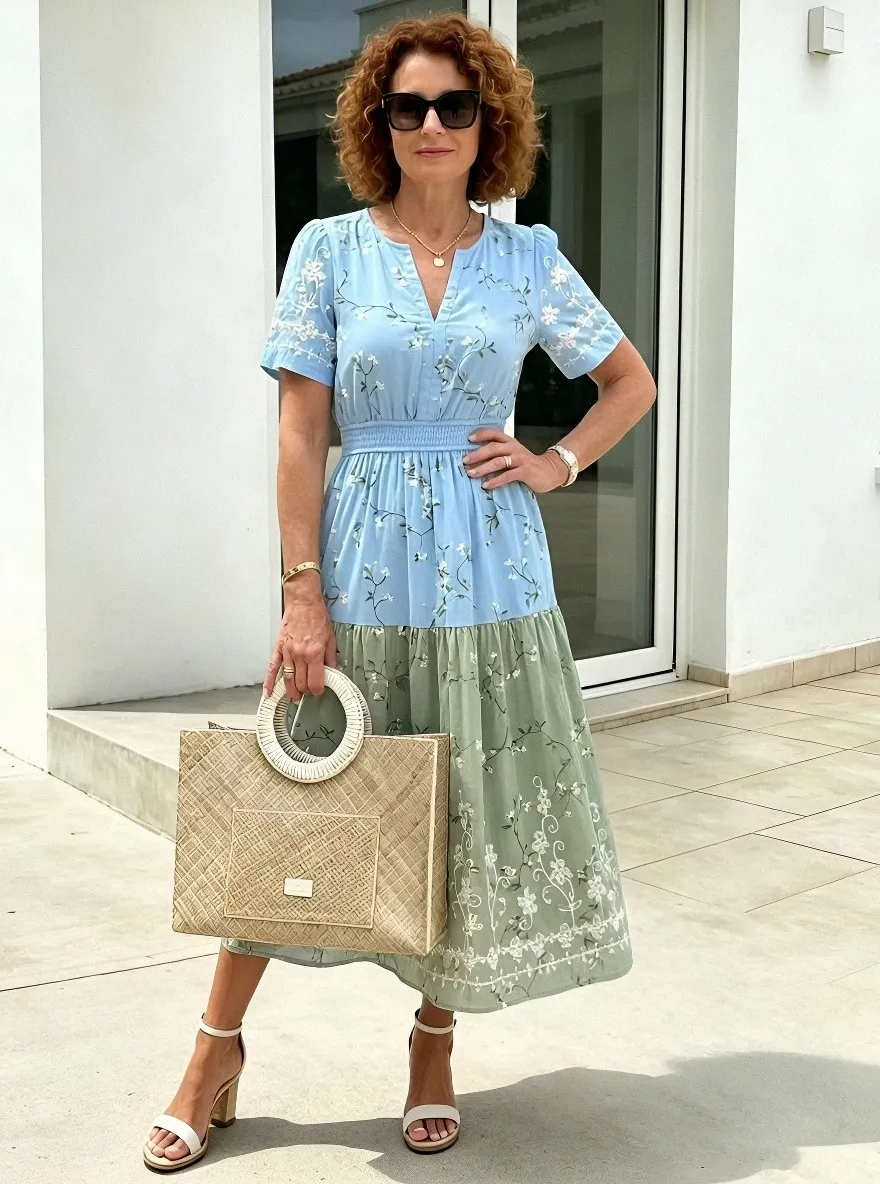 Women's Summer Vacation Sage Green Floral Embroidered Printed Dress