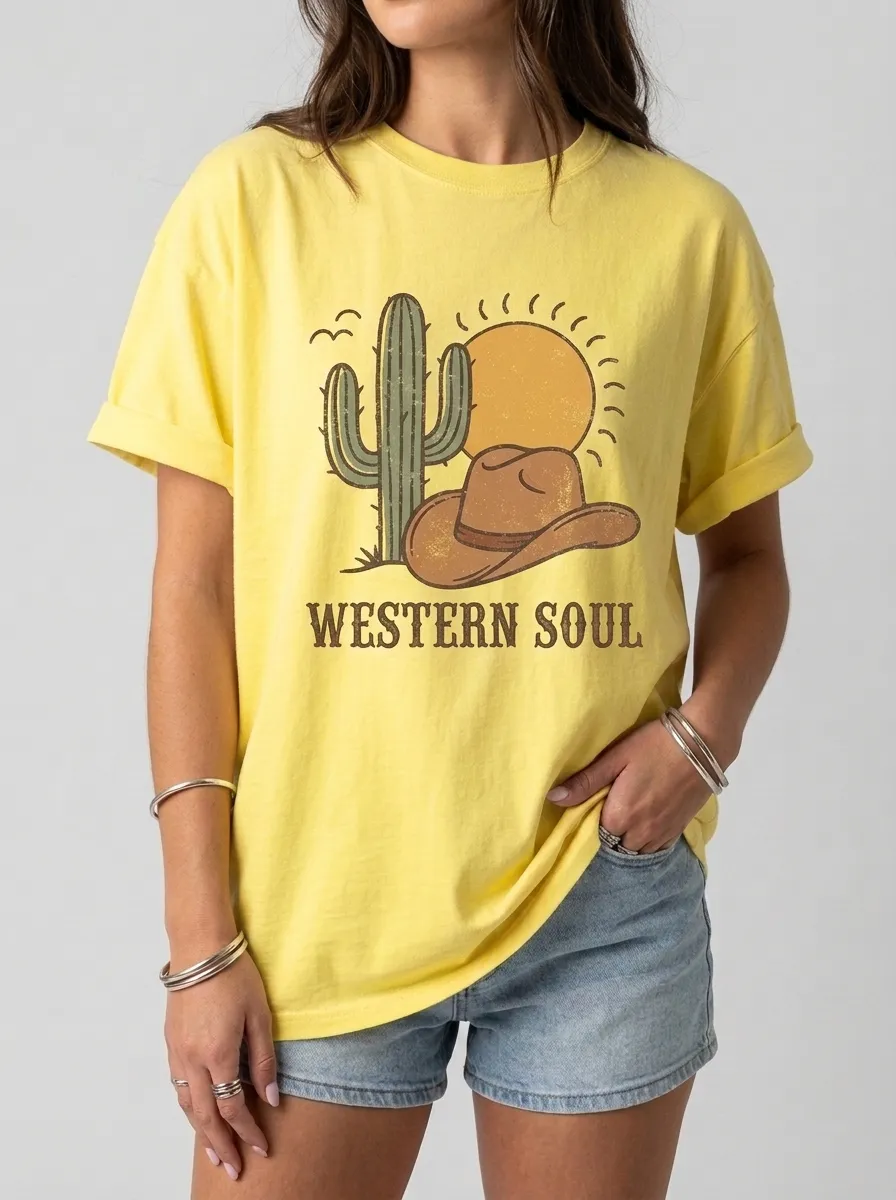 Women's Western Soul Cactus Cowboy Hat Sun Printed T-shirt