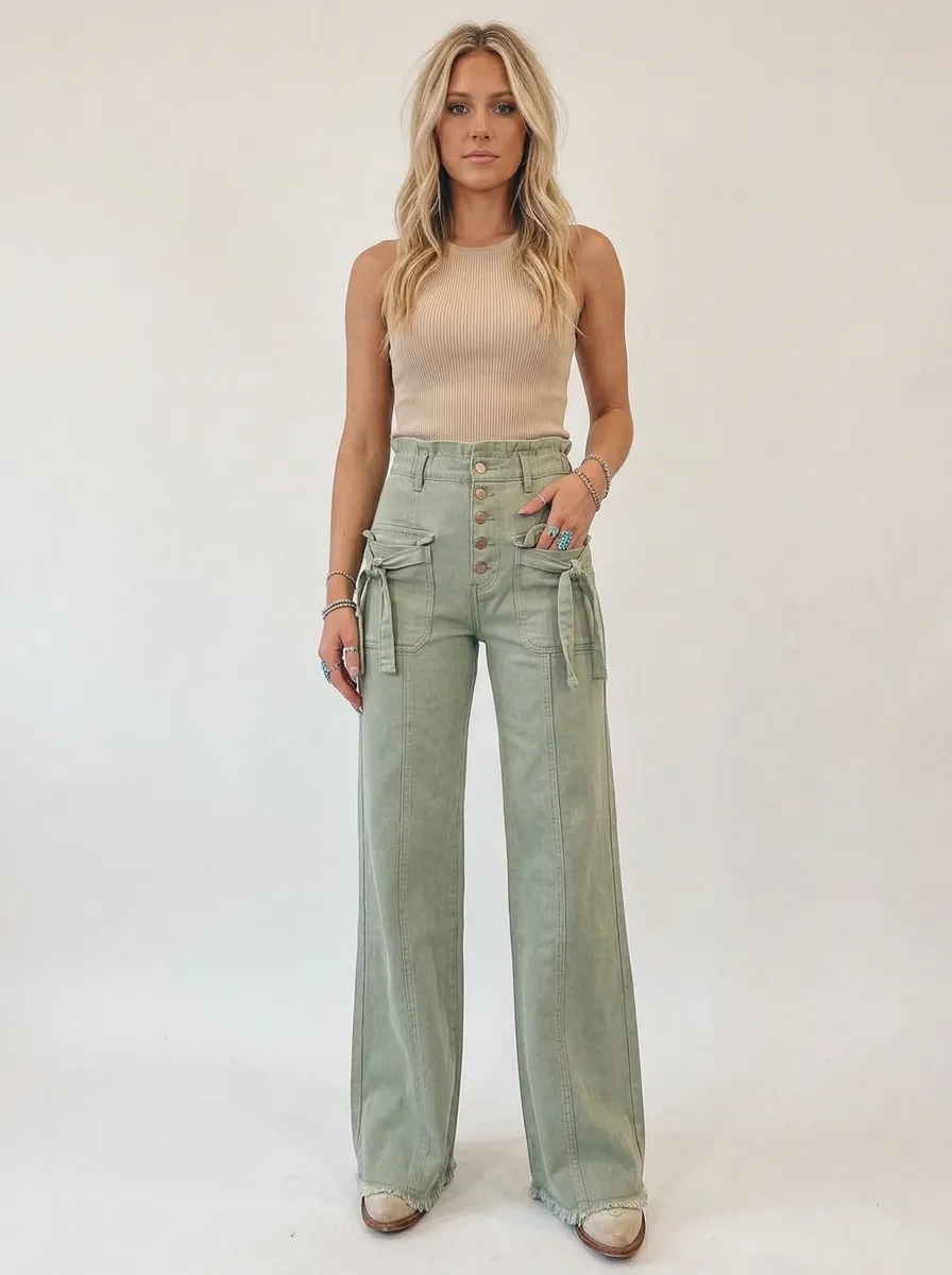Women's Western Style Sage Green High-Waisted Button-Down Wide Leg Pants