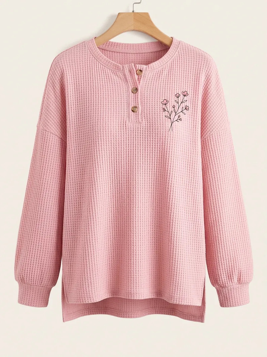 Women's Floral Minimalist Pink Waffle Knit Printed Henley Sweatshirt