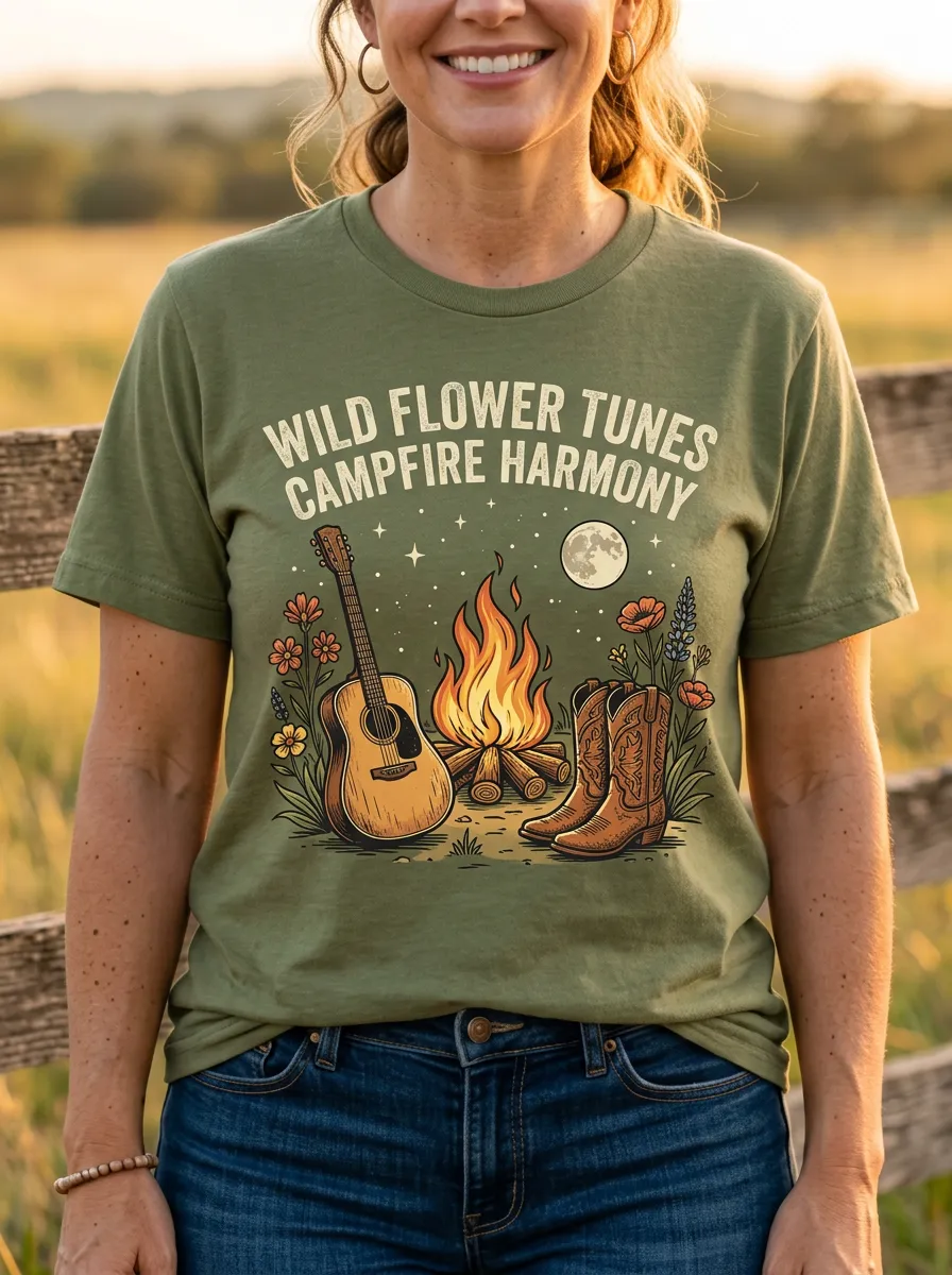 Guitar Cowboy Cowboy-Boot Campfire Country Music Crewneck T-Shirt
