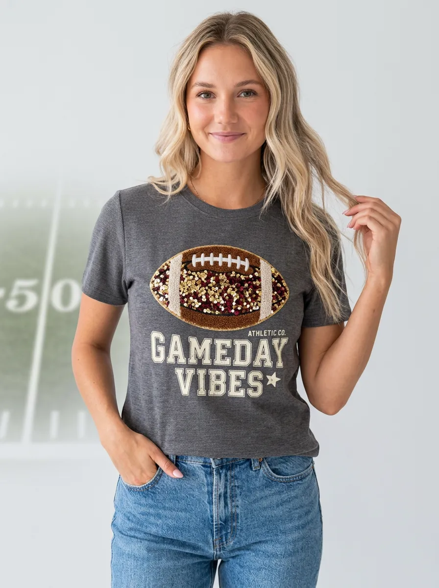 Women's Heritage Inspired Football Ball Sequin Crew Neck Graphic T-Shirt