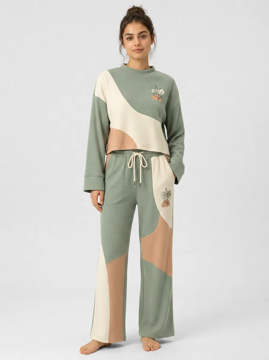 Women's Minimalist Botanical Leaf Printed Waffle Knit Lounge Set
