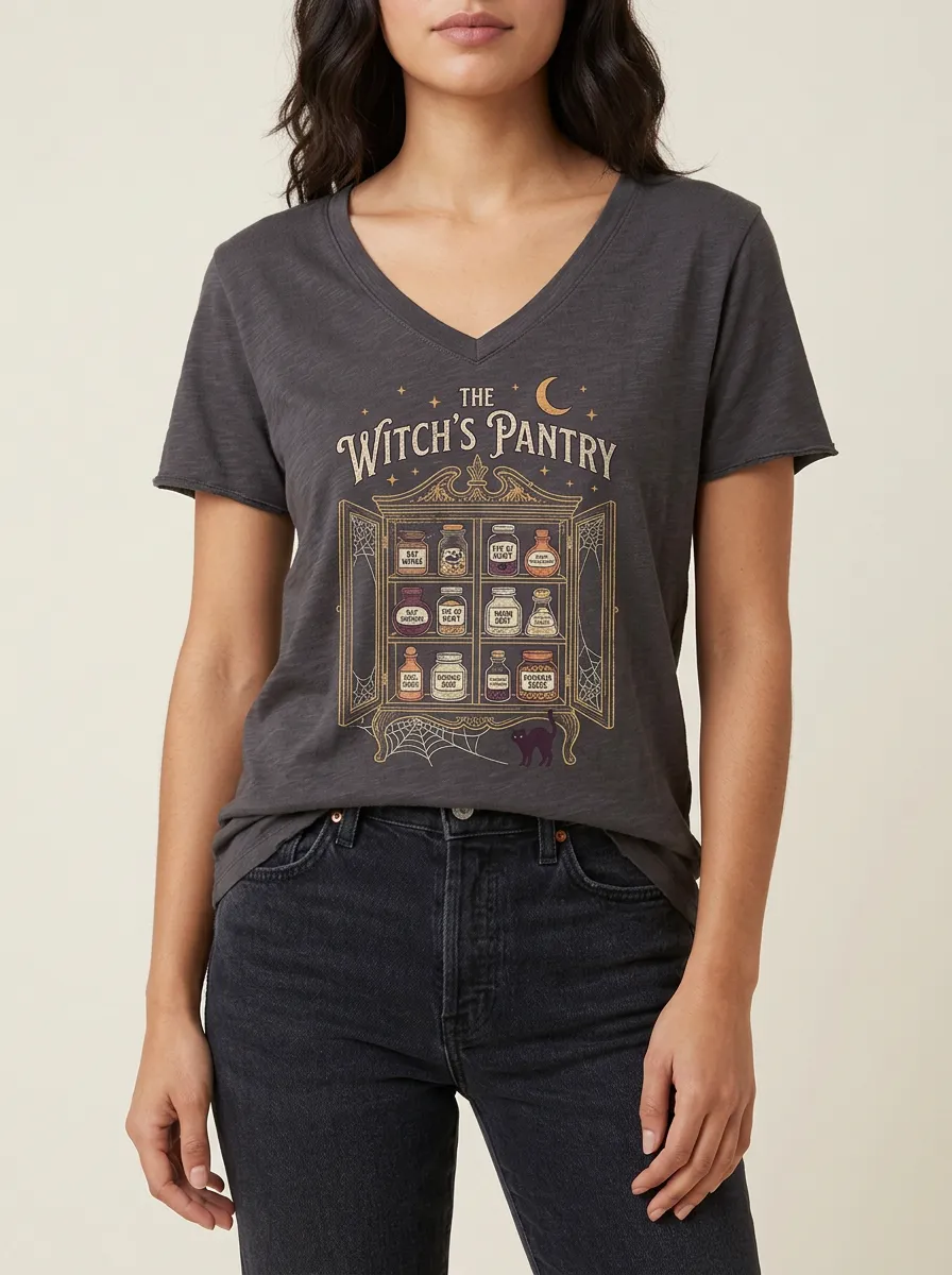 Women's Halloween Witch Pantry Potion Jar Printed V-Neck T-Shirt