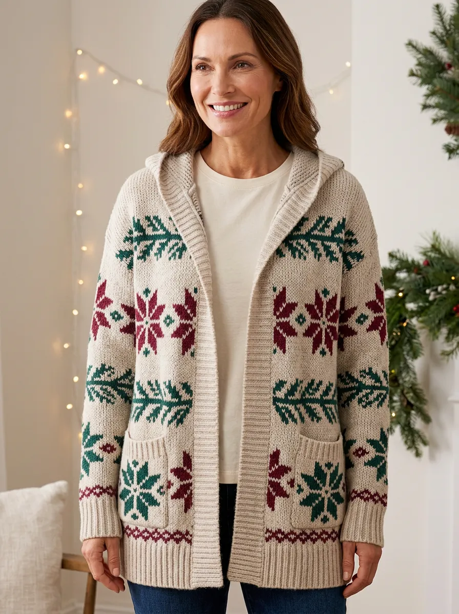 Christmas Snowflake Pine Tree Pattern Print Festive Hooded Cardigan