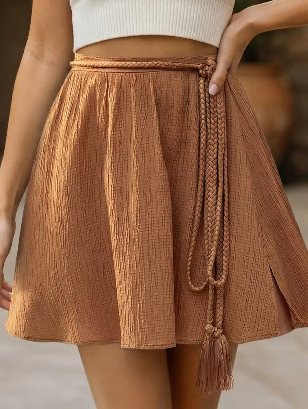 Casual Tie Detail High Waist A-Line Mini Skirt