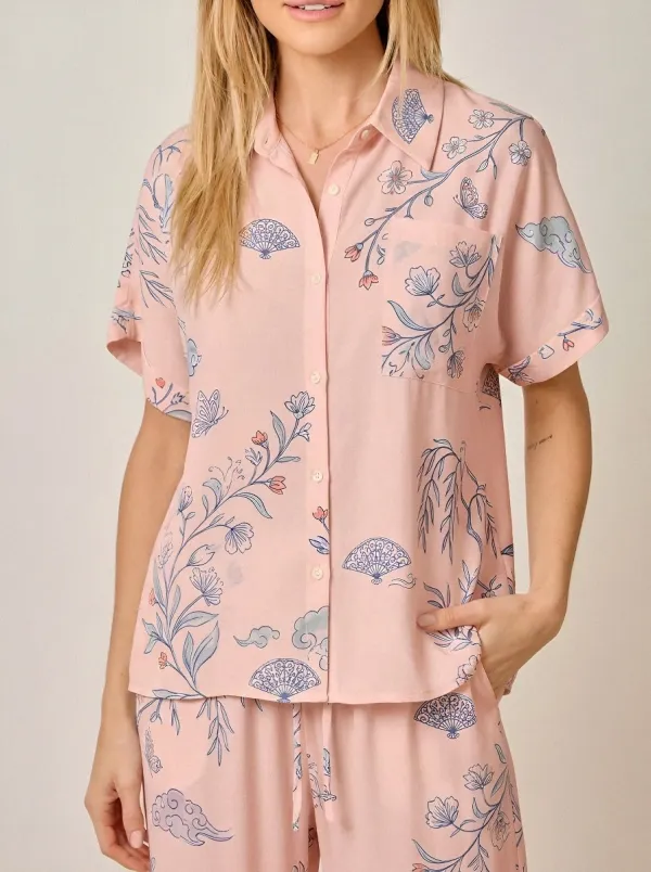 Women's Oriental Floral Fan Butterfly Printed Button-up Shirt