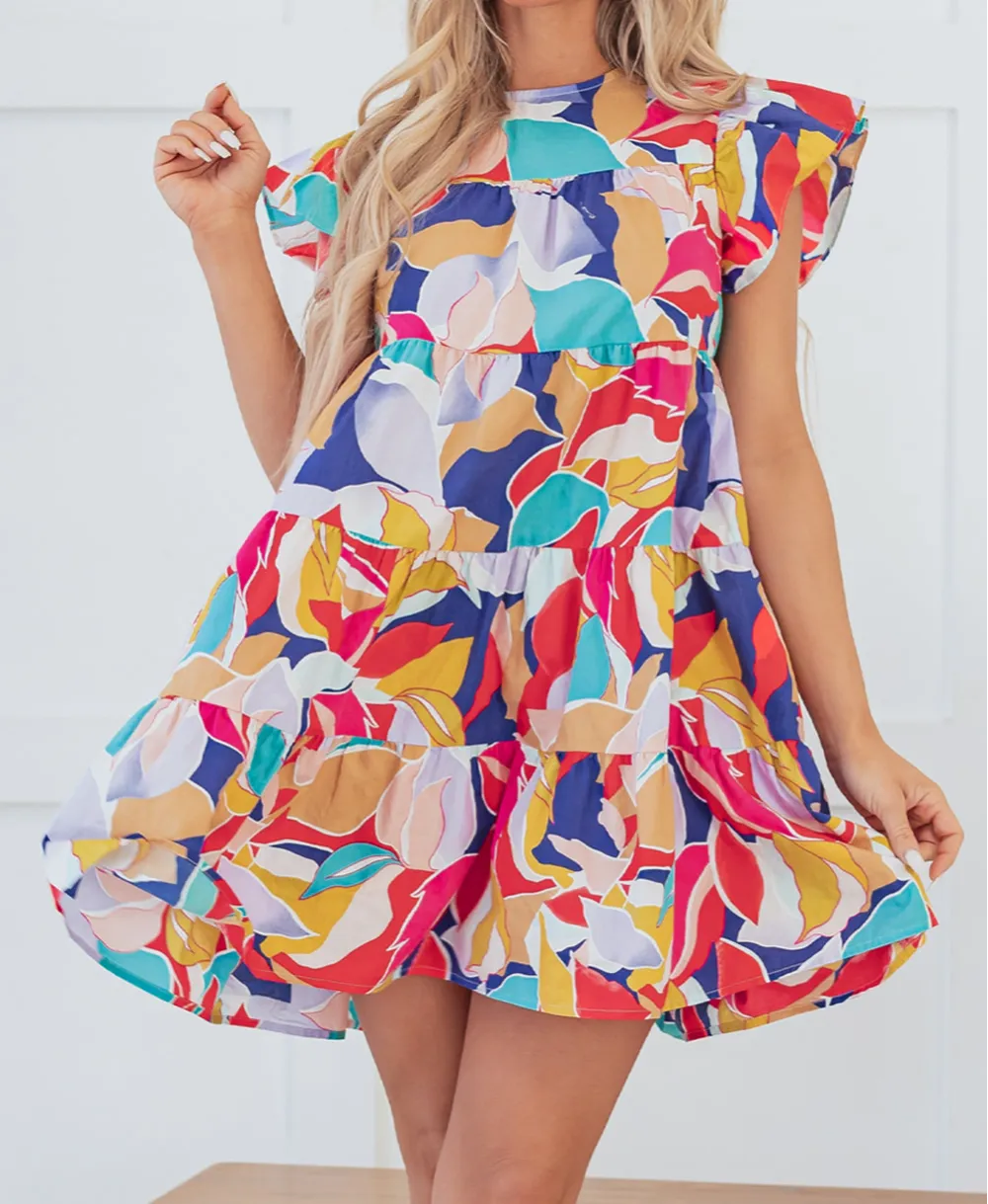 Terrace Abstract Print Ruffle Trim Tiered Mini Dress