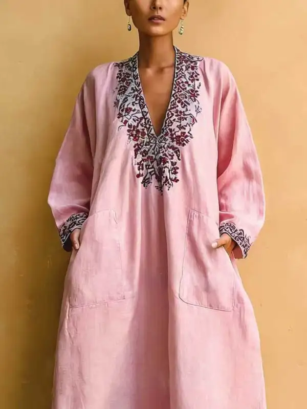 Pink Minimalist Holiday Print V-neck Loose Maxi Dress