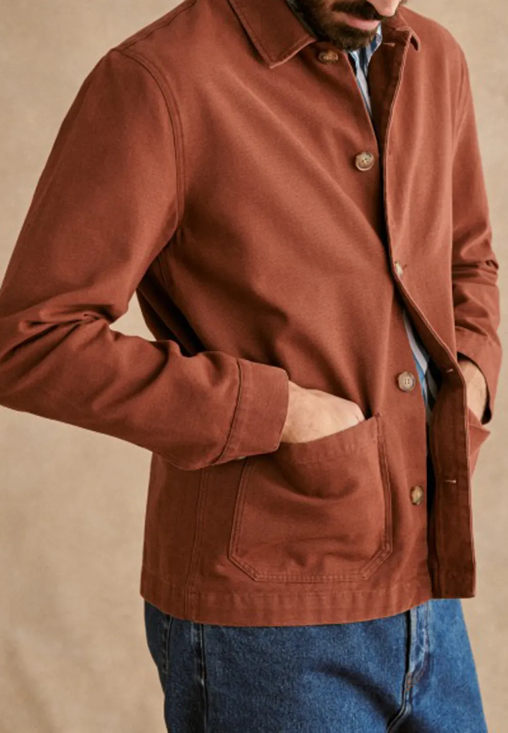 Rust Brown Cotton Blend Button Front Jacket