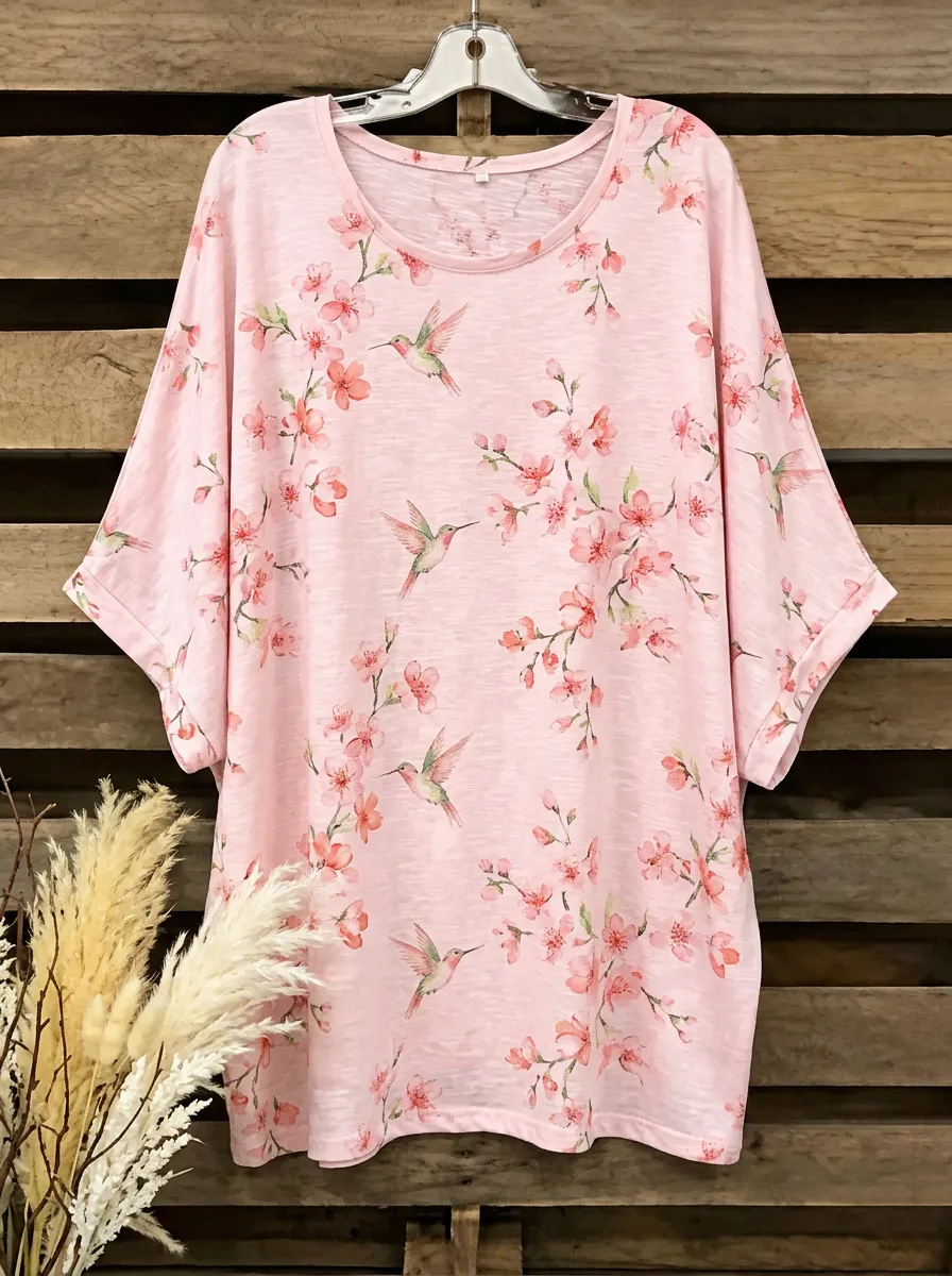 Garden-Inspired Hummingbird Cherry Blossom Women's Loose Printed T-Shirt