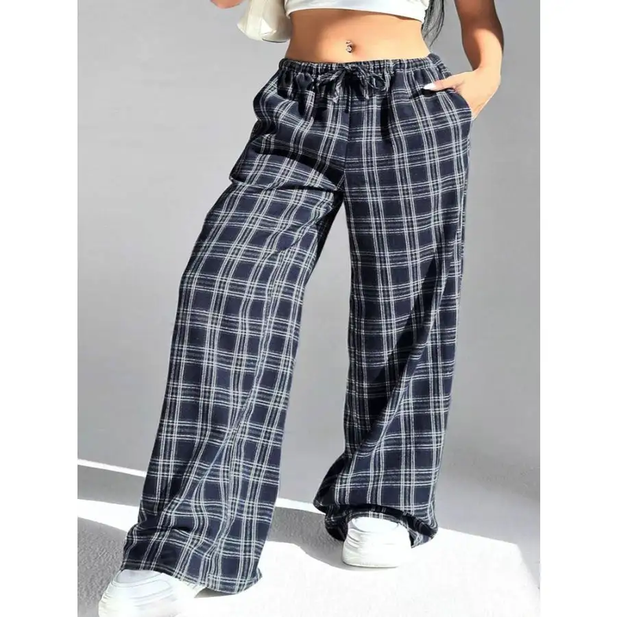 Classic Plaid Drawstring Wide Leg Pants