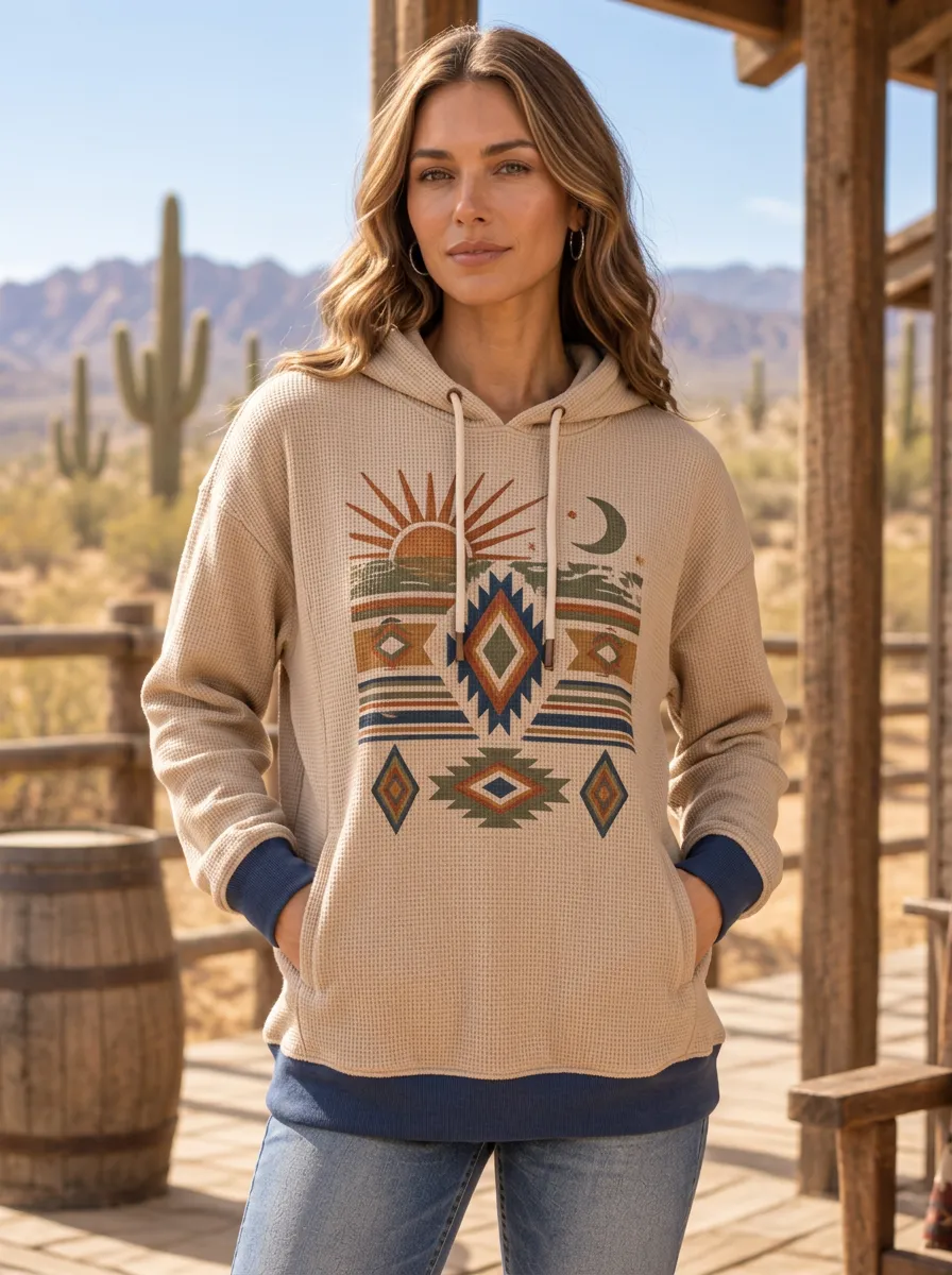 Women's Western Desert Sun Moon Geometric Printed Hoodie