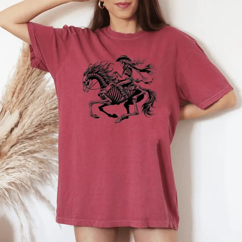 Rustic Skeleton Cowgirl Horse Rider Western Gothic Grunge Women's Oversized Comfort T-shirt