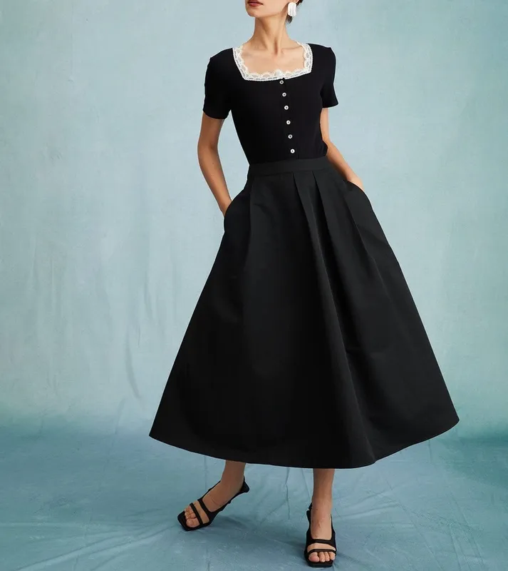 Black High Waist Pleated Midi Skirt