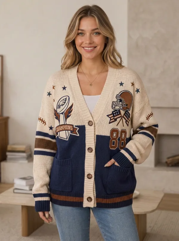 Women's Fieldhouse Inspired Helmet Football Ball Knitted Cardigan
