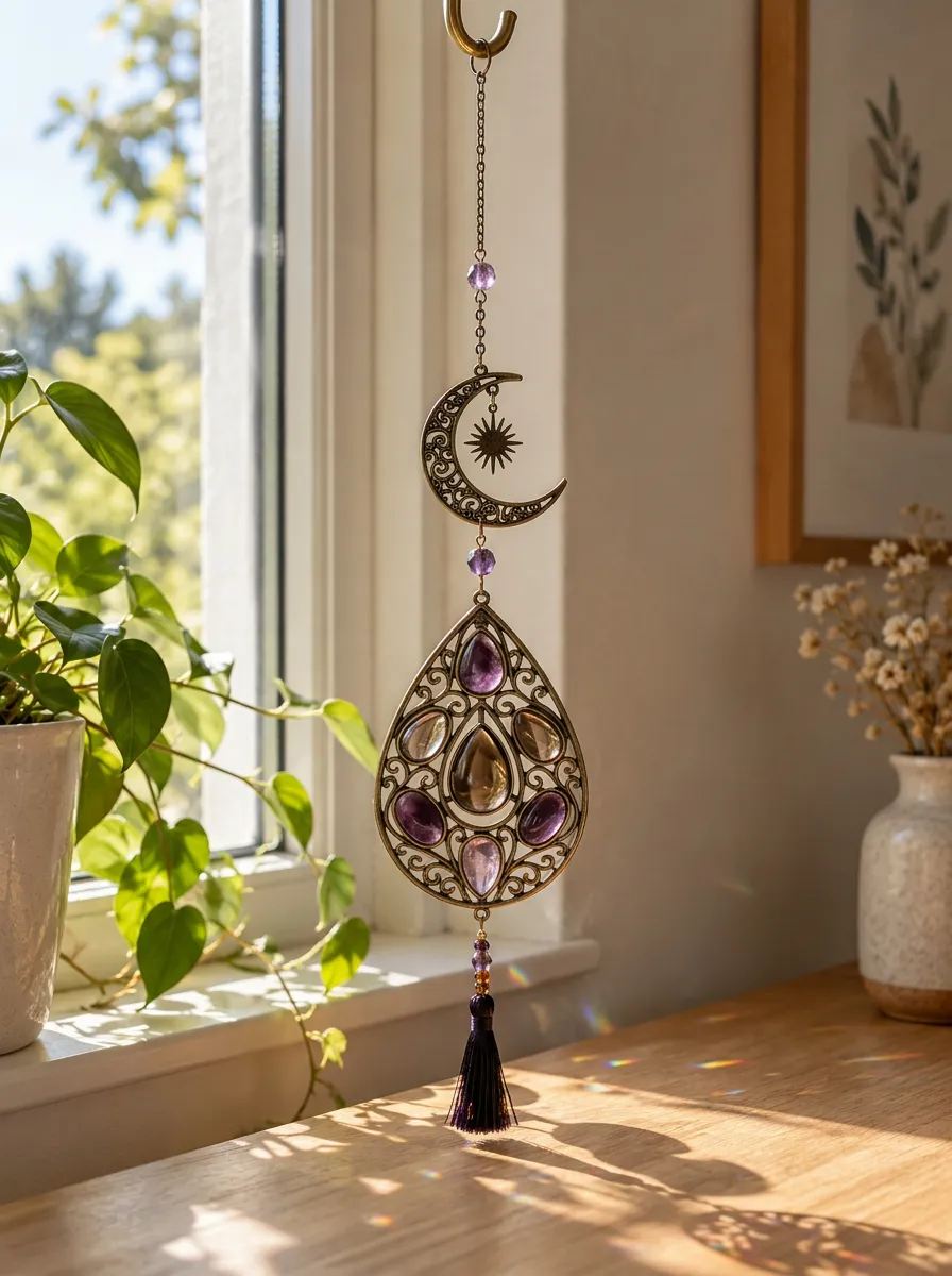 Celestial Moon Amethyst Crystal Beaded Suncatcher Pendant