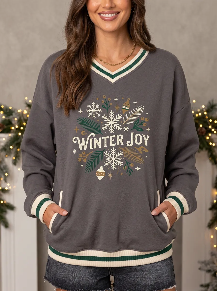 Christmas Winter Joy Snowflake Print V-Neck Sweatshirt