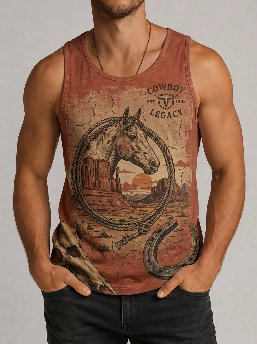 Men's Cowboy Legacy Horse Western Desert Printed Tank Top