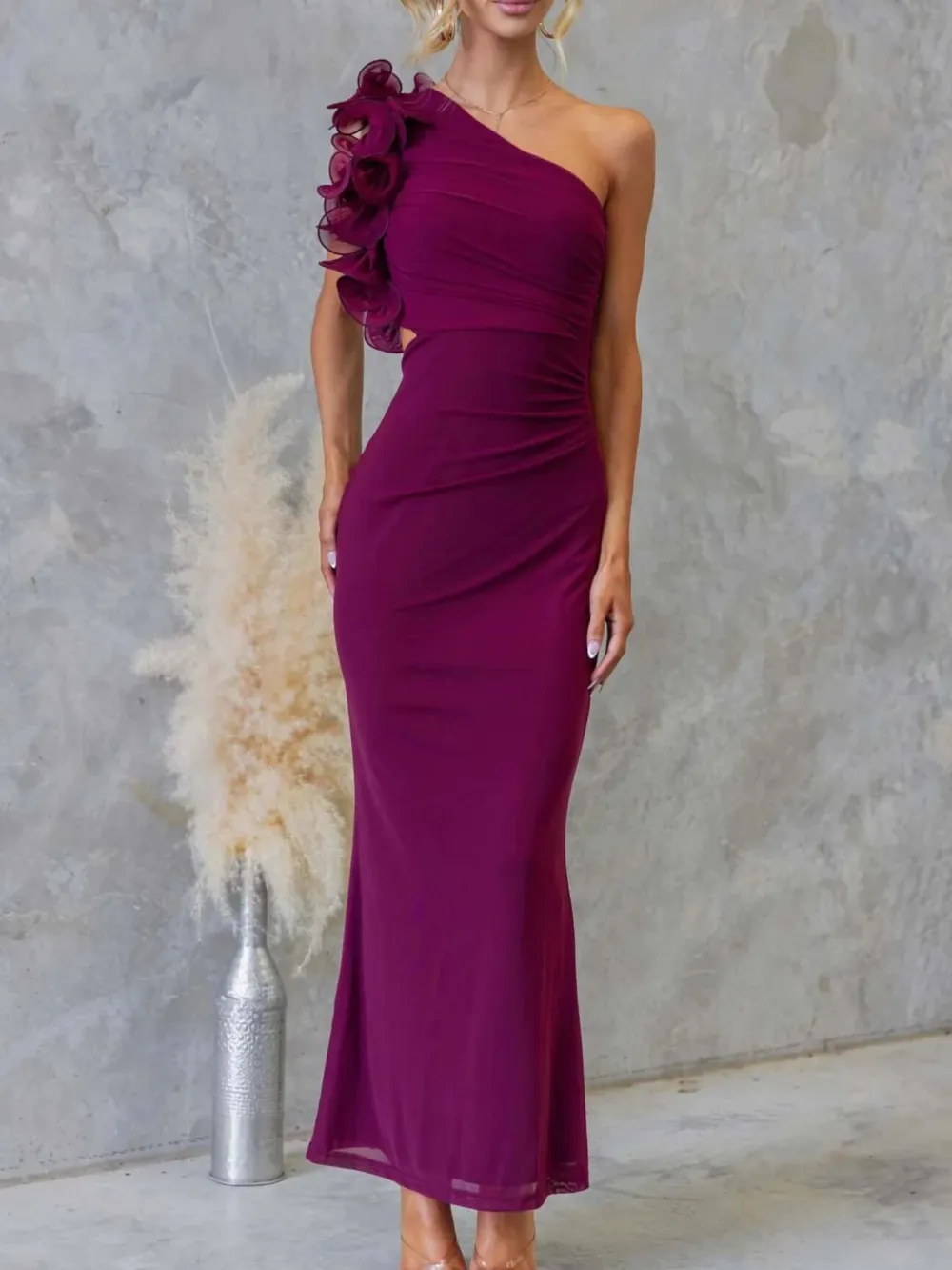 Ruched One-Shoulder Sleeveless Floral Maxi Dress