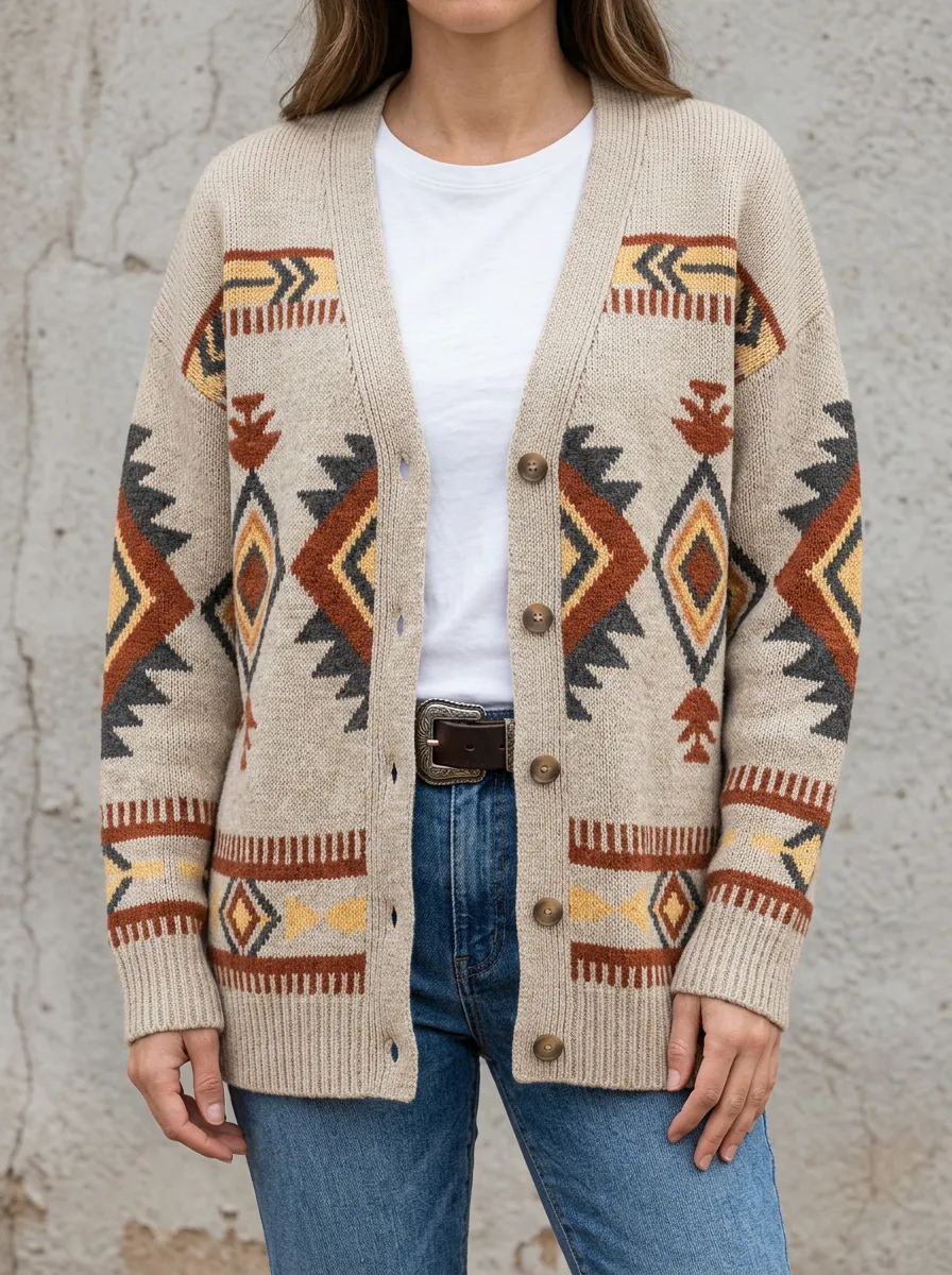 Women's Western Beige Southwestern Pattern Knit Cardigan