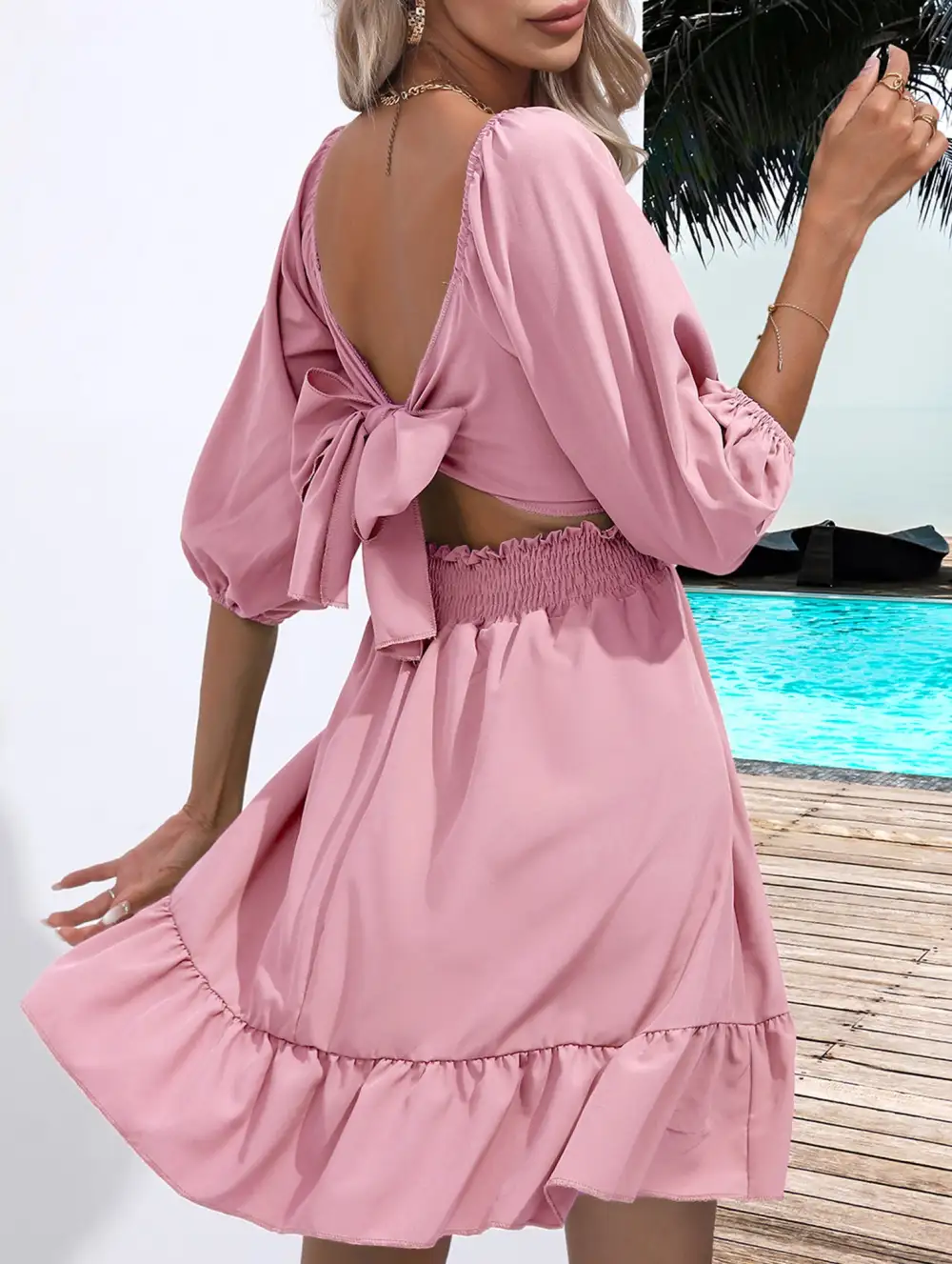 Square Neckline Ruffled Tie Up Mini Dress
