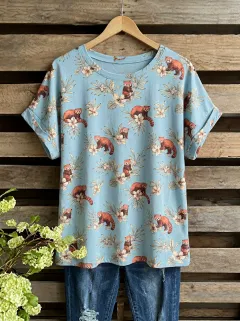 Red Panda Floral Nature Women's Loose Printed T-Shirt