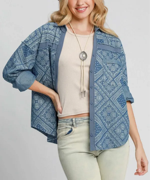 Denim Cotton Patchwork Washed Cardigan