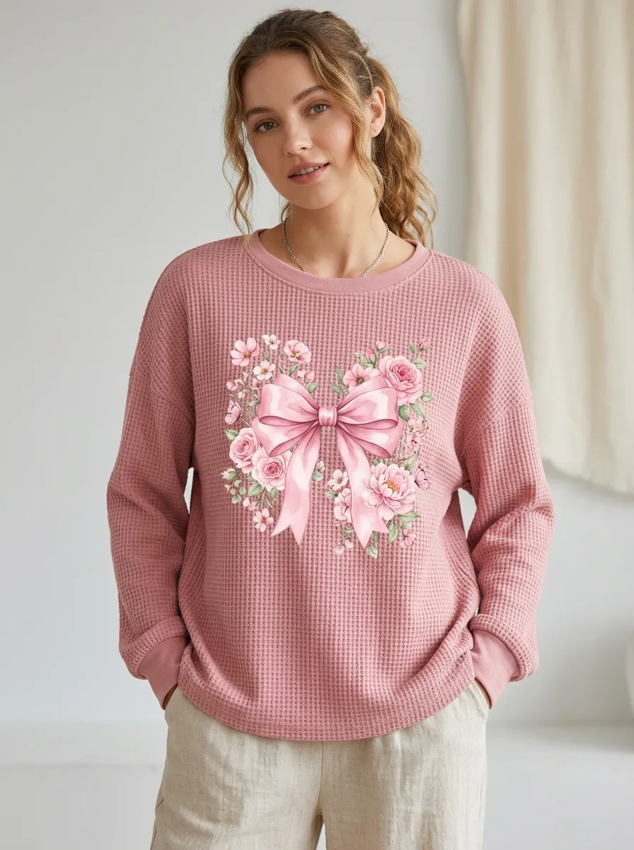 Graceful Garden-Motif Women's Breast Cancer Awareness Waffle Sweatshirt