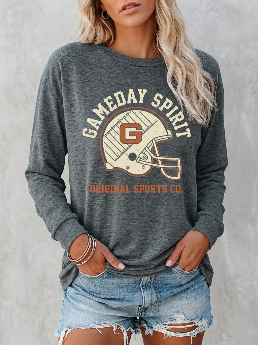 Women's Football Gameday Spirit Helmet Graphic Printed Long Sleeve Shirt