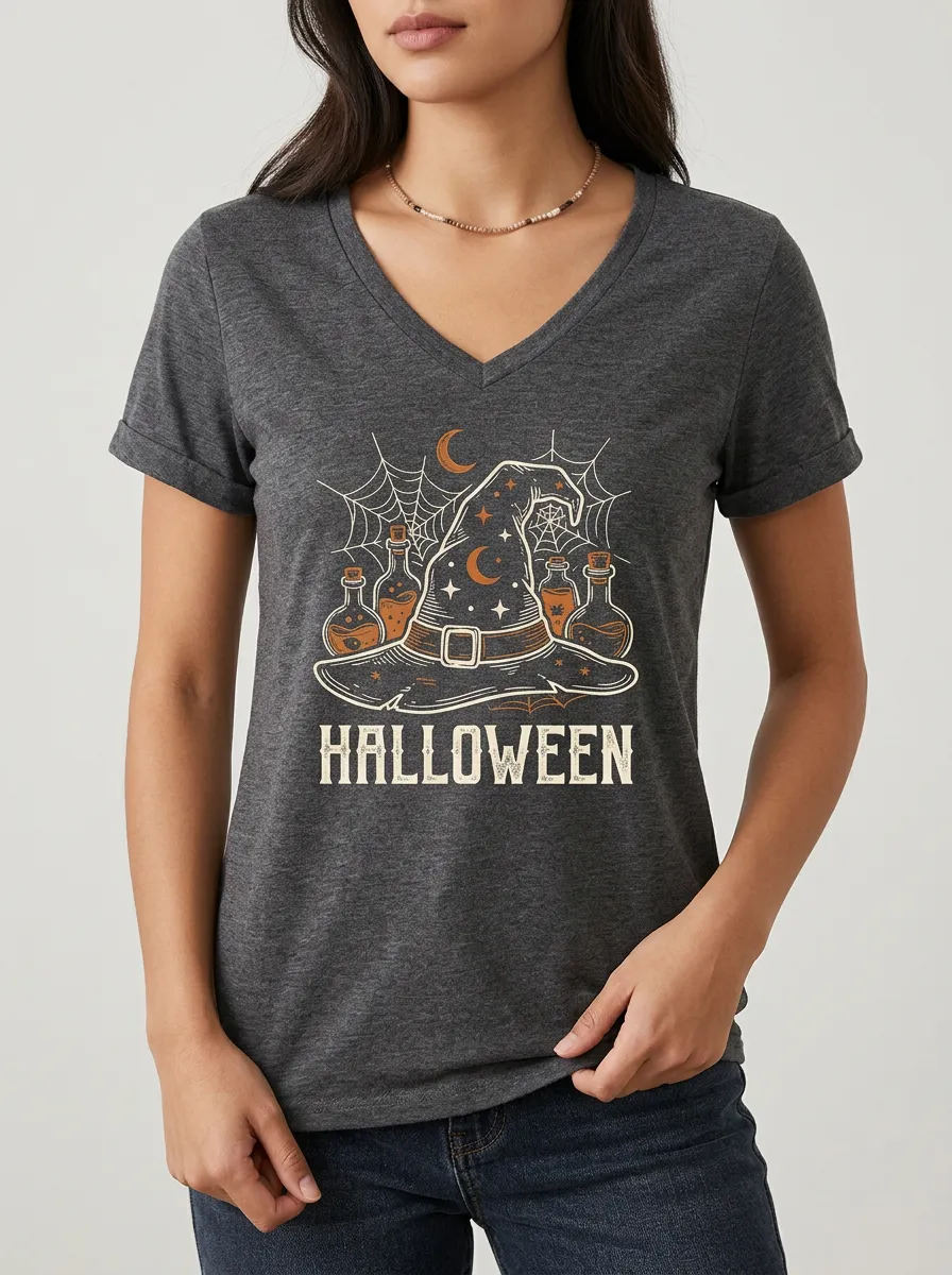 Women's Halloween Witch Hat Potion Bottle Spiderweb Printed V-Neck T-Shirt