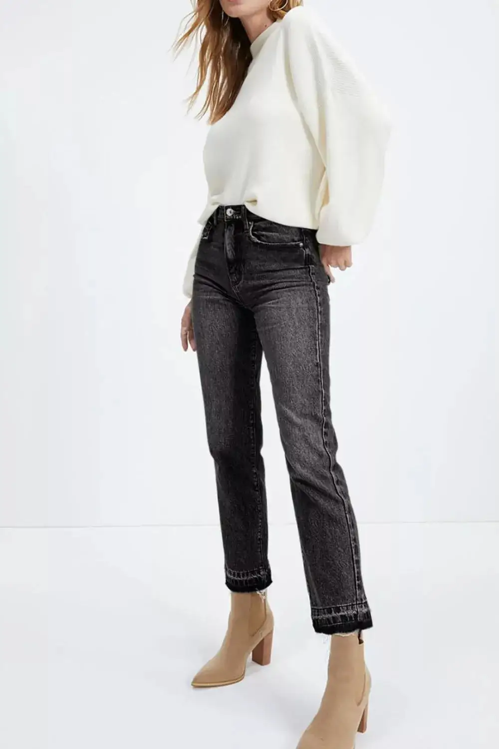 High-Waisted Distressed Hem Straight Leg Jeans For Ladies