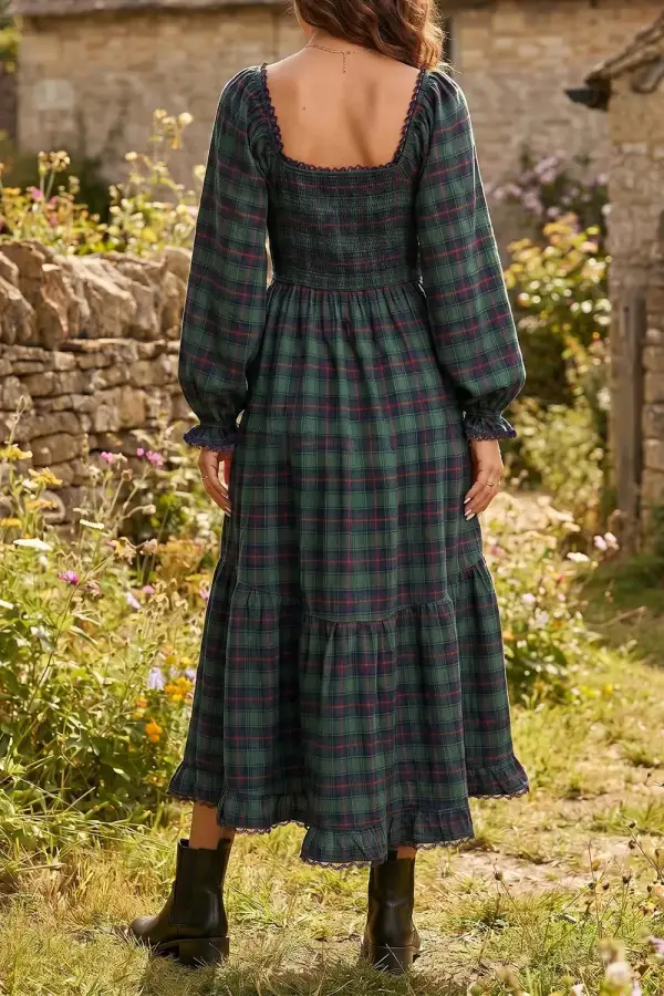 Plaid Long Sleeve Tiered Midi Dress