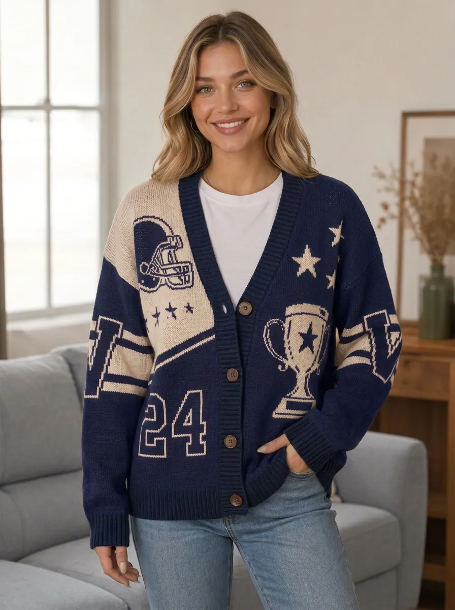 Women's Expressive Helmet Football Trophy Knitted Cardigan