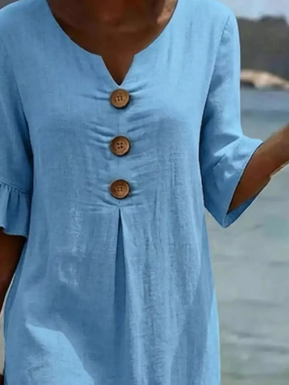Button Decor Ruffle Sleeve Midi Dress