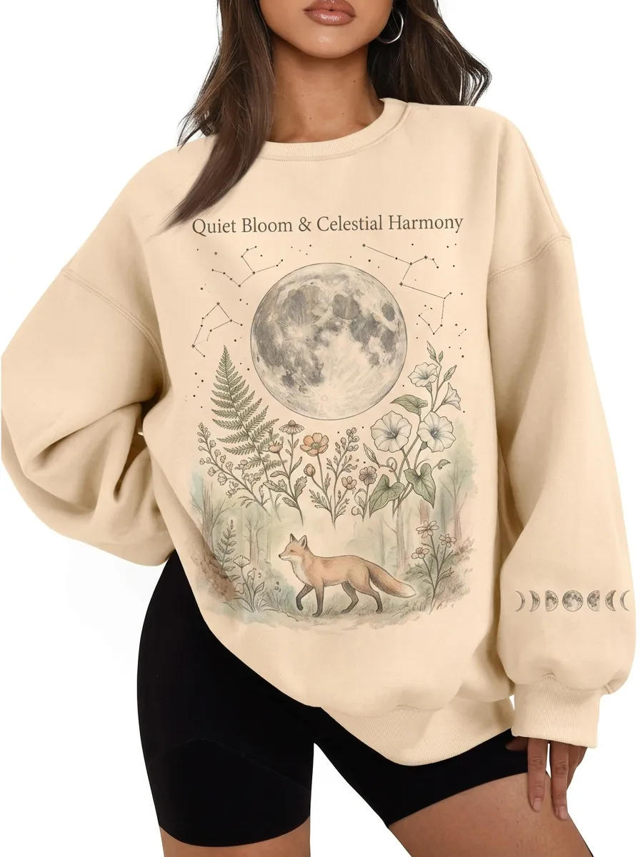 Women's Celestial Fox Moon Floral Printed Sweatshirt