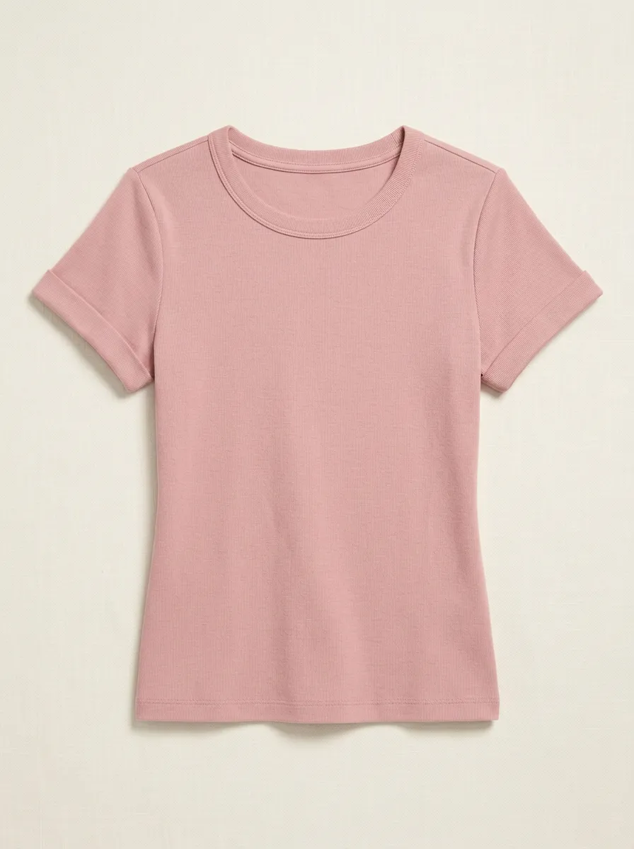 Women's Pink Waffle Knit Cuffed Sleeve Crewneck T-shirt