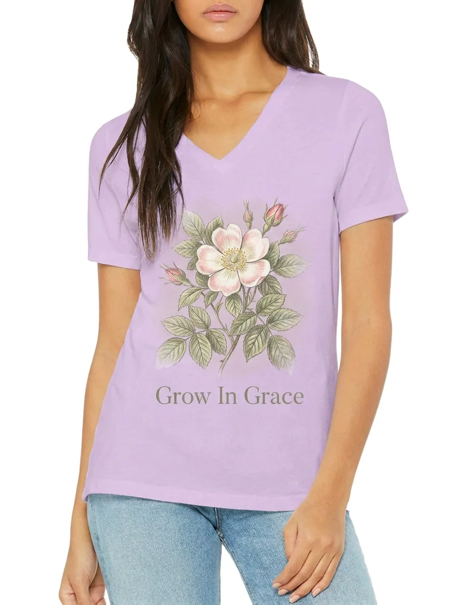 Women's Grow In Grace Wild Rose Floral Printed V-Neck T-Shirt