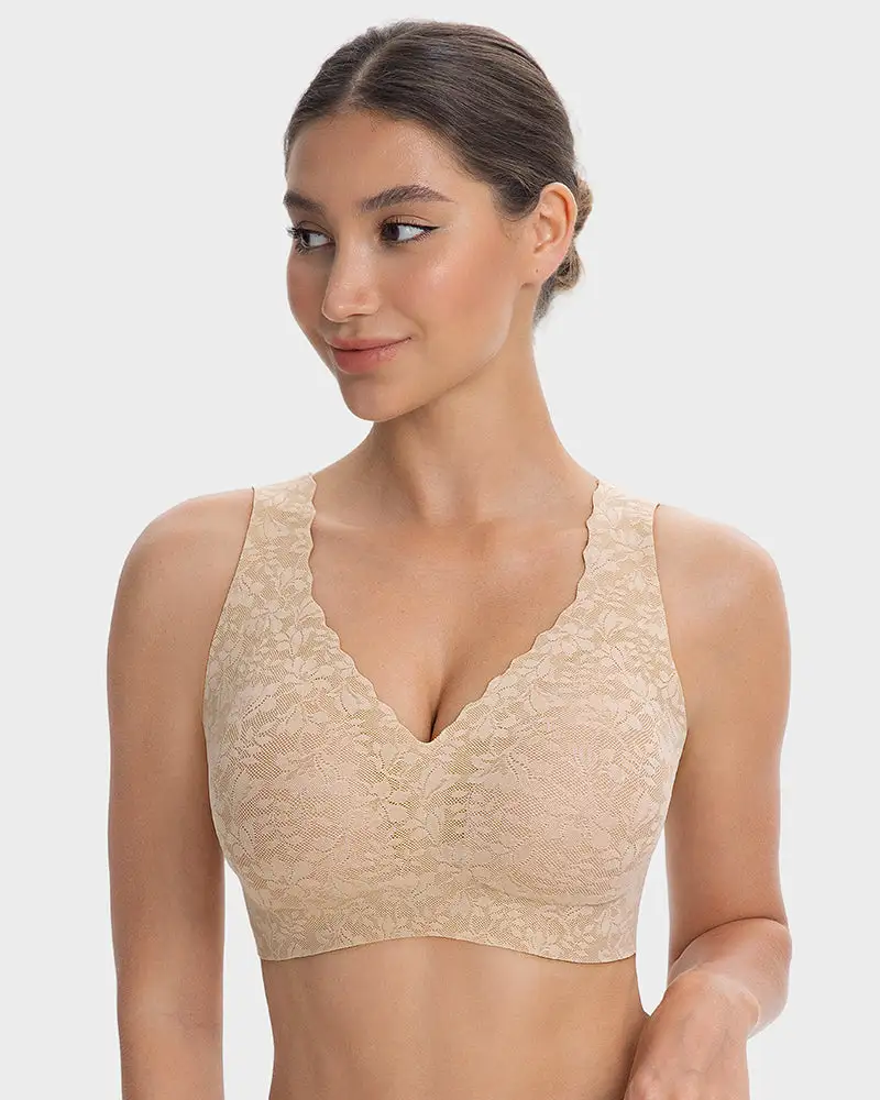 Wireless Lace Cami Bra with Built-In Cups & Seamless Minimizer Fit