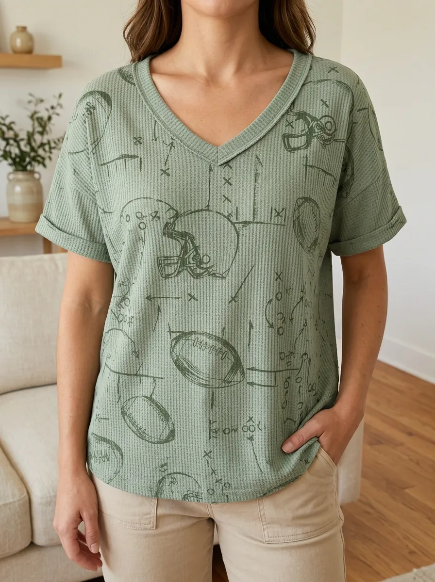 Women's Stadium Football Fan Helmet Playbook Printed Waffle Top