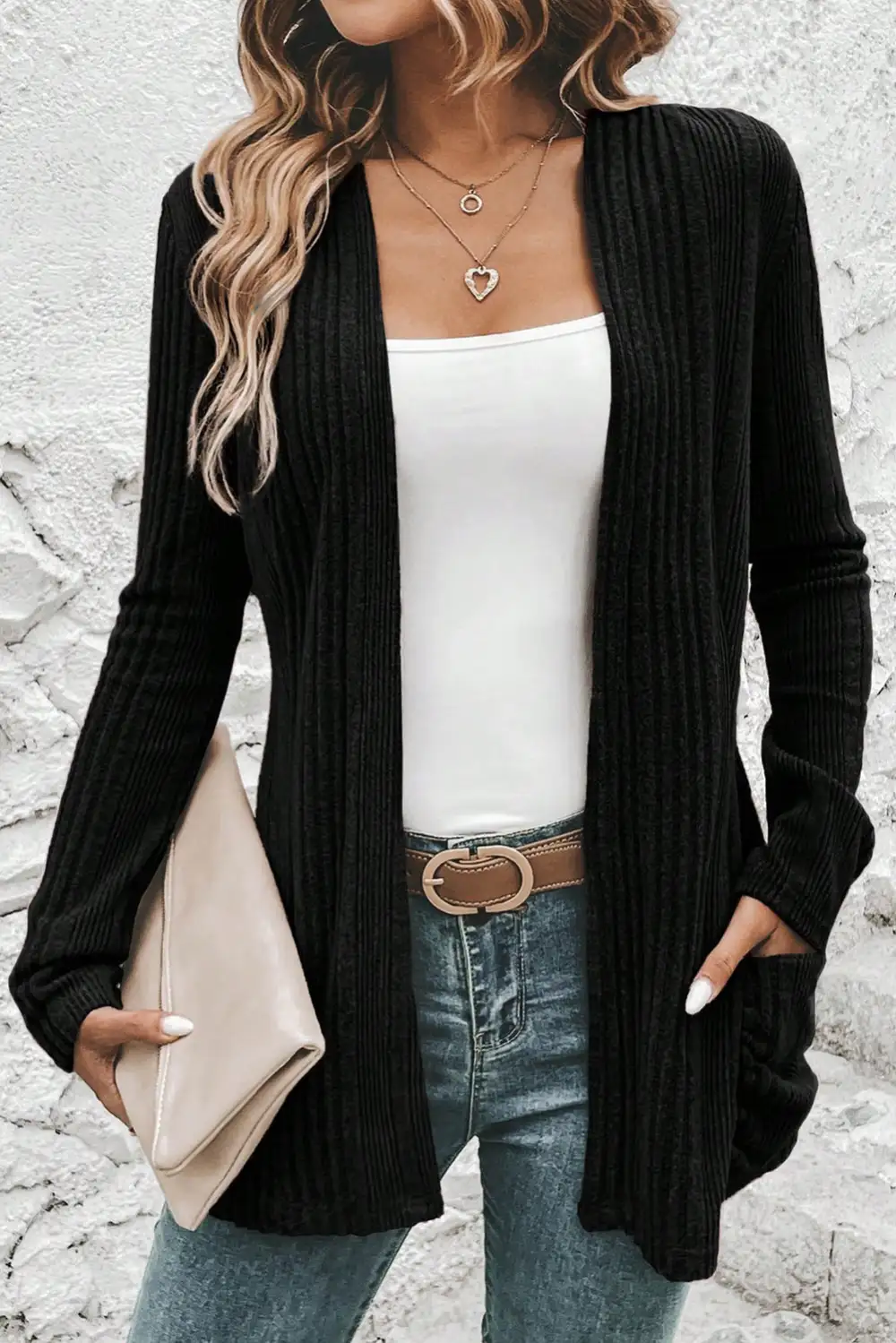 Ribbed Open Front Knit Top Pocketed Knit Everyday Layer Cardigan