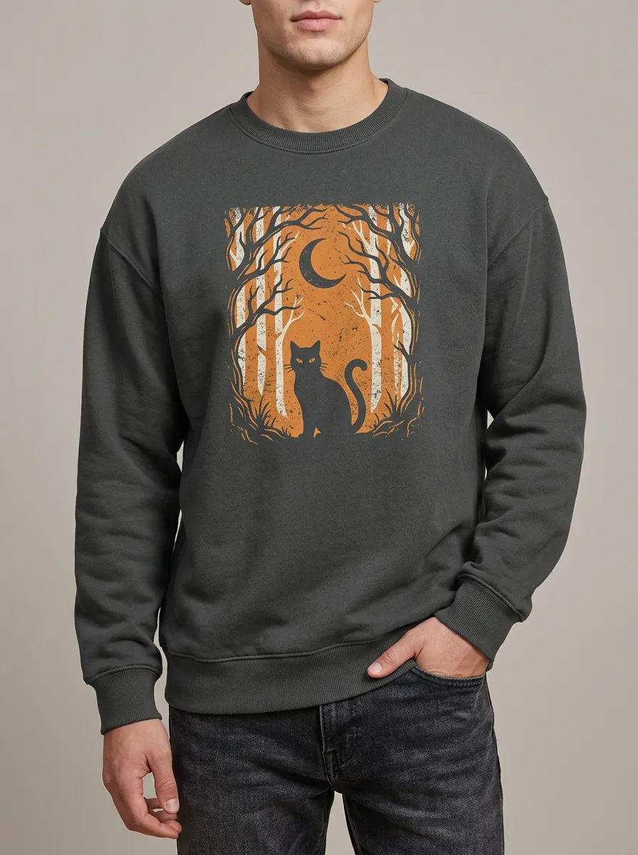 Men's Halloween Black Cat Moon Forest Sweatshirt